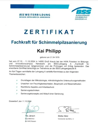 Zertifikat für Schimmelpilzsanierung